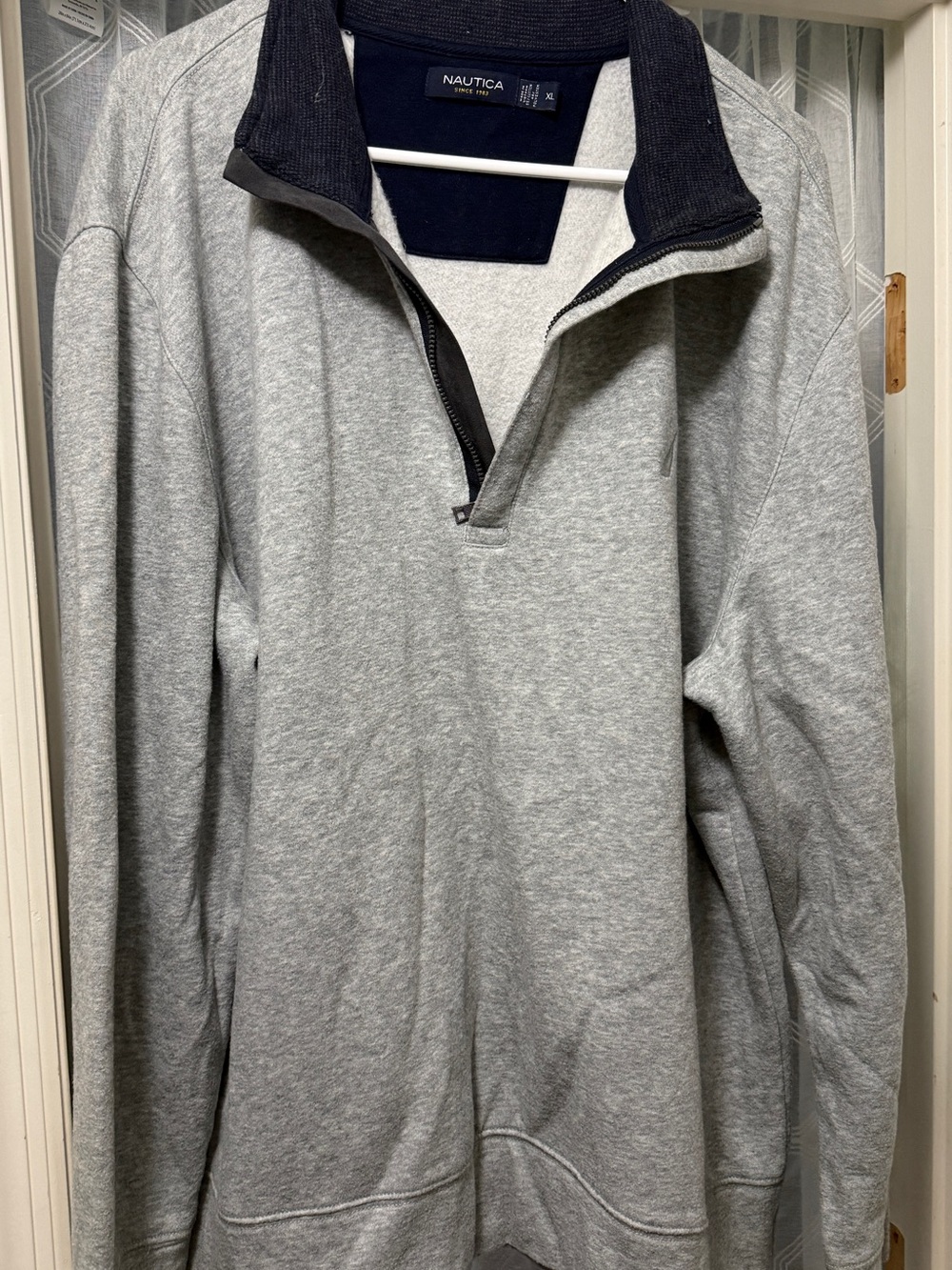 Nautica Men's Light Gray Zip-Neck Sweater with Dark Navy Collar